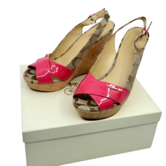 COACH~Jessy Wedge~PINK PATENT LEATHER C SIGNATURE SANDAL HEEL SHOES SZ 7.5 IOB - Picture 3 of 7